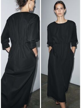 Zara Black Midi Dress with Cinched Waist